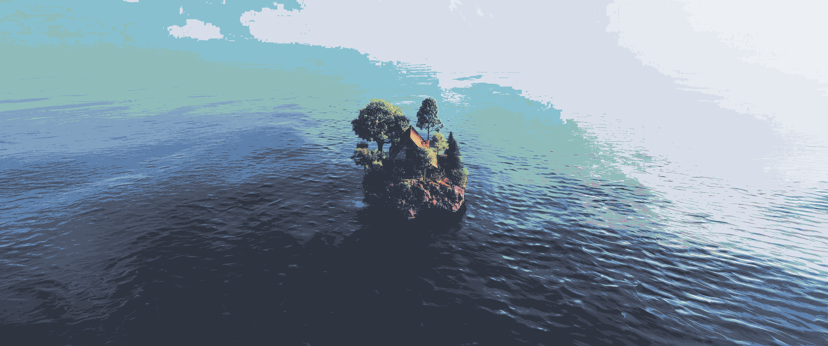 Cool Minimalist Island House Wallpaper HD 4K - Peaceful Ocean View