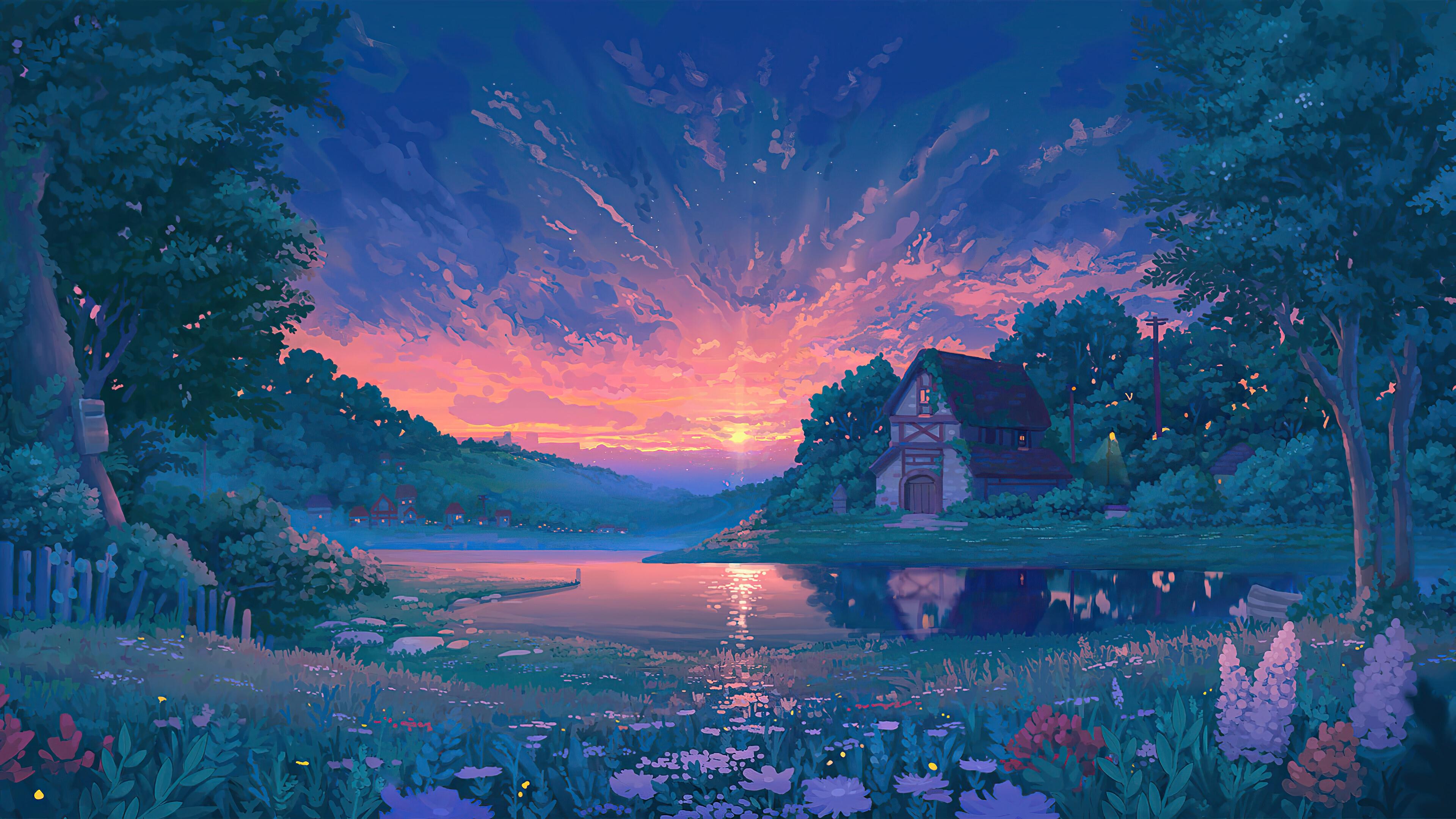 Aesthetic Anime Sunset Lake Wallpaper HD 4K Cool Digital Art Scenery