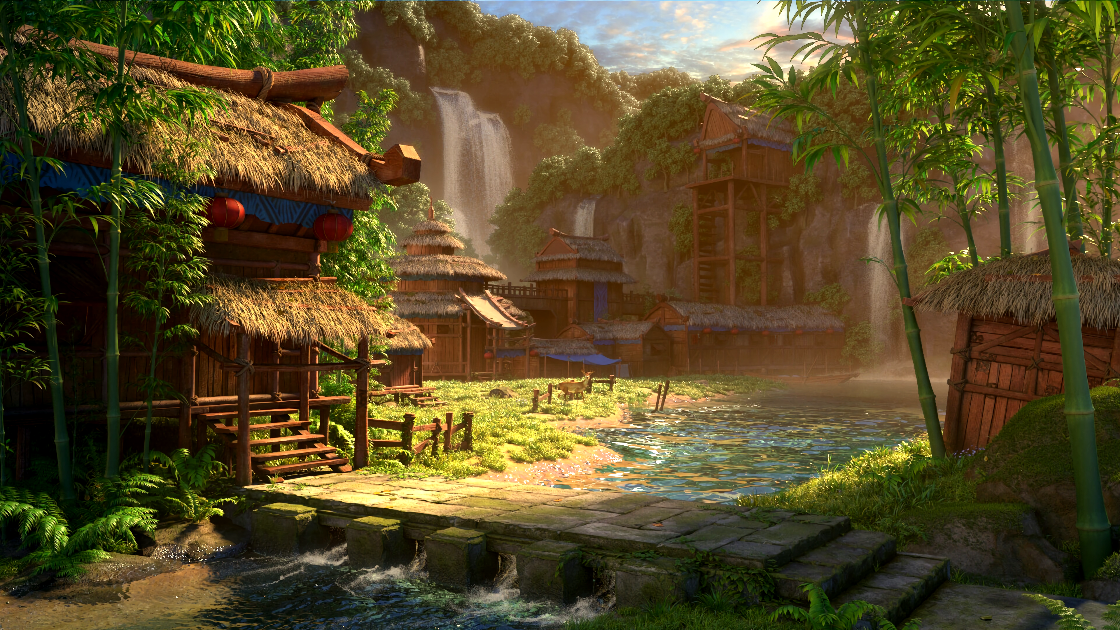 Serene Fantasy Bamboo Village Waterfall Wallpaper HD 4K Aesthetic